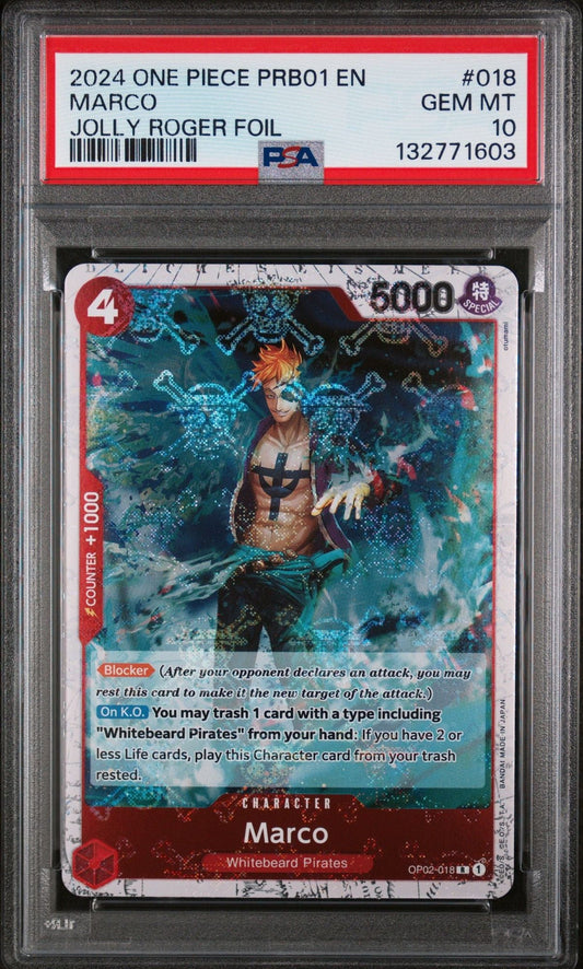 PSA-graded trading card in clear case showing Marco character card with foil finish, red grading label visible at top.