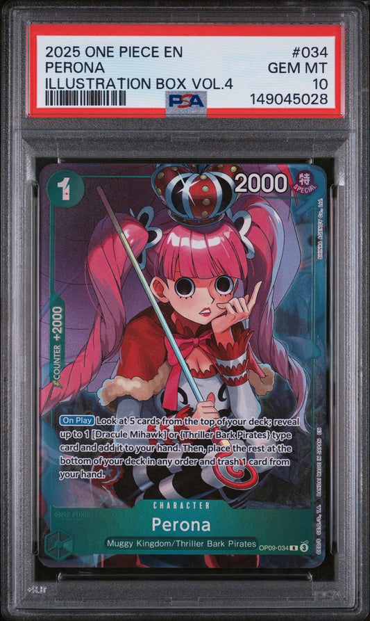 PSA-graded Perona trading card in protective case, showing anime character in red dress with sword against purple background, front view.