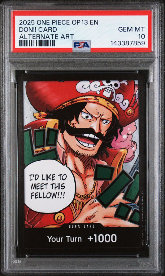 PSA-graded trading card in clear case displaying cartoon pirate character with red outfit, yellow hat, and speech bubble saying "I'd like to meet this fellow!!!" with "+1000 Your Turn" text below.
