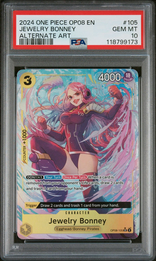 PSA-graded trading card in clear case showing colorful anime character Jewelry Bonney with pink hair and red outfit against blue background.
