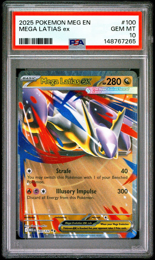 PSA-graded Mega Latias ex card in protective slab, showing vibrant red and blue Pokémon illustration with attack details and PSA 10 certification label.