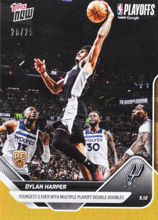 Dylan Harper launching a one-handed jump shot over Minnesota Timberwolves defenders during an NBA Playoffs game, Topps Now card front with orange foil border.