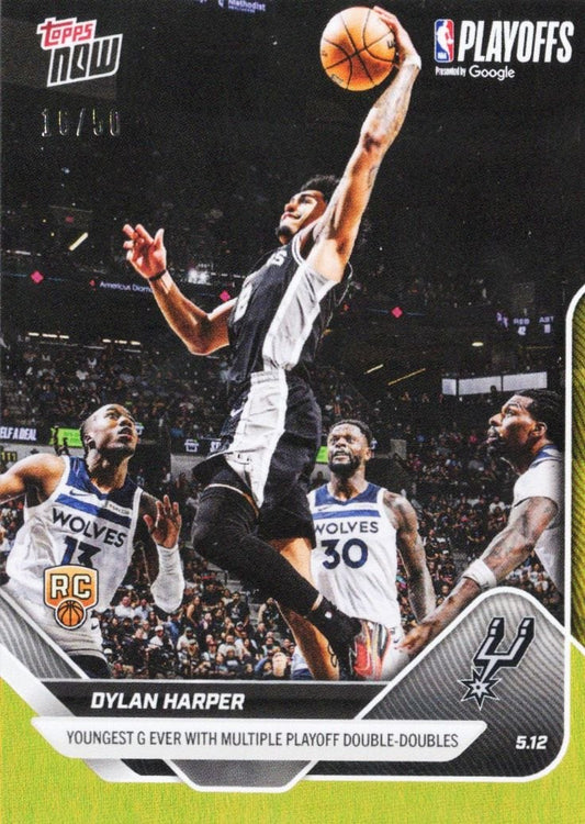 Dylan Harper mid-air shooting basketball against Timberwolves defenders during NBA Playoffs game on black card with green foil border.
