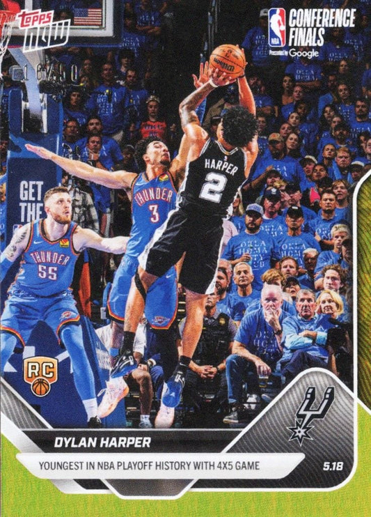 Dylan Harper shoots over Thunder defender during Conference Finals game, card shows action photo with gold foil border and rookie designation.