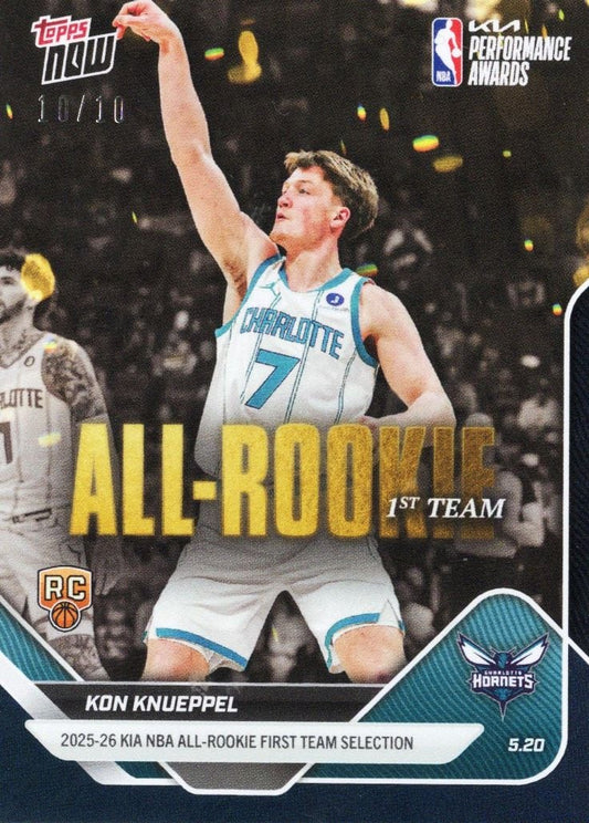 Kon Knueppel basketball card featuring player in Charlotte Hornets white jersey number 7 with fist raised, gold foil All-Rookie First Team text.