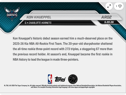 2025 Topps Now Kon Knueppel #AR02 Black Foil /10 2025-26 KIA NBA All Rookie First Team Selection Charlotte Hornets Rookie RC Basketball Card