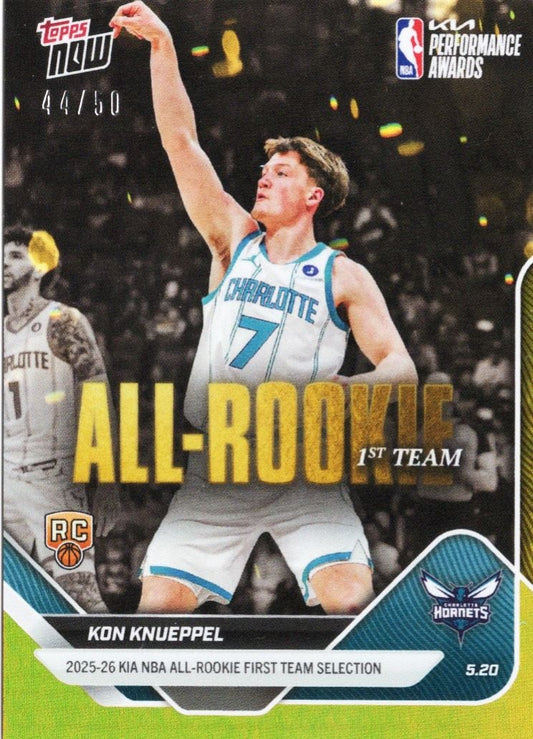 Basketball card front showing Kon Knueppel in Charlotte Hornets white jersey number 7, shooting with arm raised, gold foil serial number 44/50.