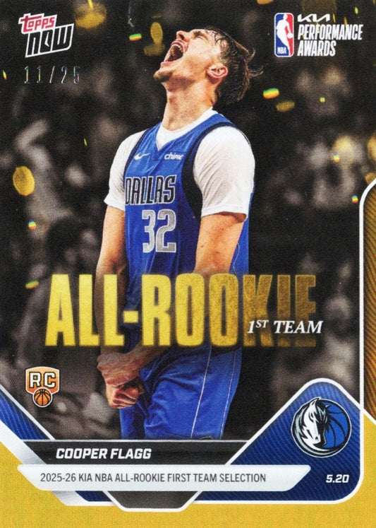 Cooper Flagg wearing Dallas Mavericks blue jersey number 32, head tilted back in celebration, with All-Rookie First Team text and card details visible.