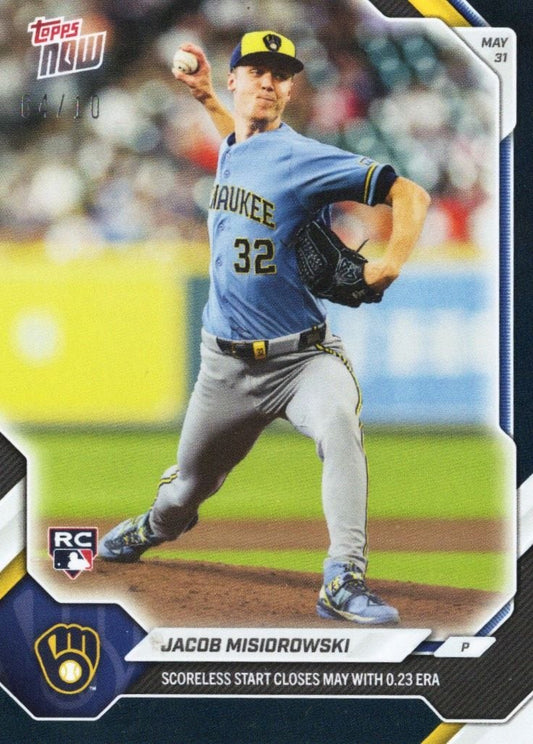 Milwaukee Brewers pitcher Jacob Misiorowski in blue uniform mid-pitch, card front with black foil finish and stat line visible.