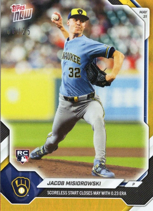 Milwaukee Brewers pitcher Jacob Misiorowski mid-delivery in blue uniform, card front showing orange foil border and RC logo.