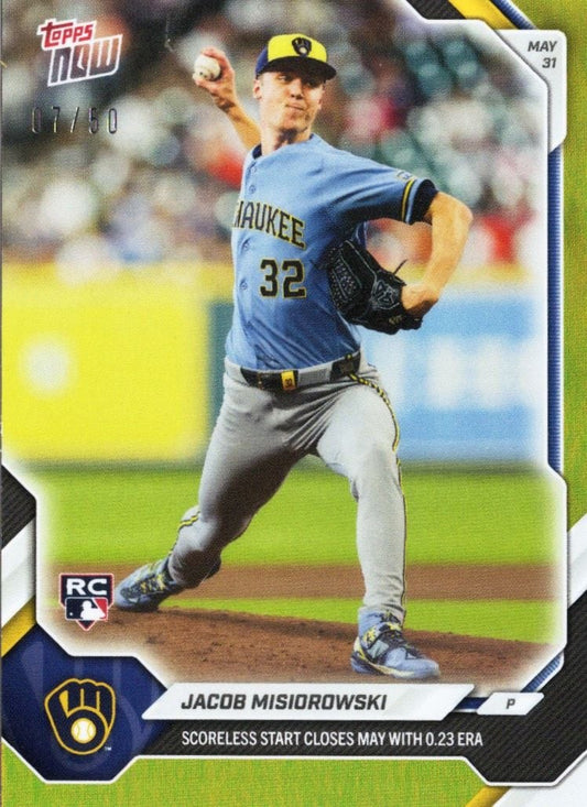Milwaukee Brewers pitcher Jacob Misiorowski wearing number 32 in blue uniform mid-pitch, baseball card front with gold foil border and RC logo.