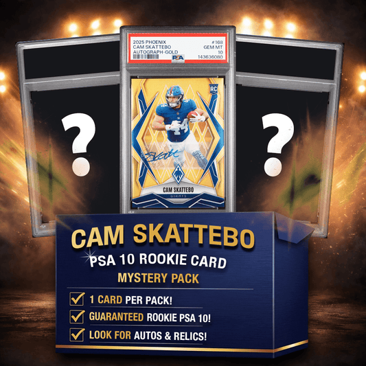 Cam Skattebo PSA 10 graded rookie card in protective case displayed with mystery pack box showing question marks on side slabs and dramatic orange lighting background.