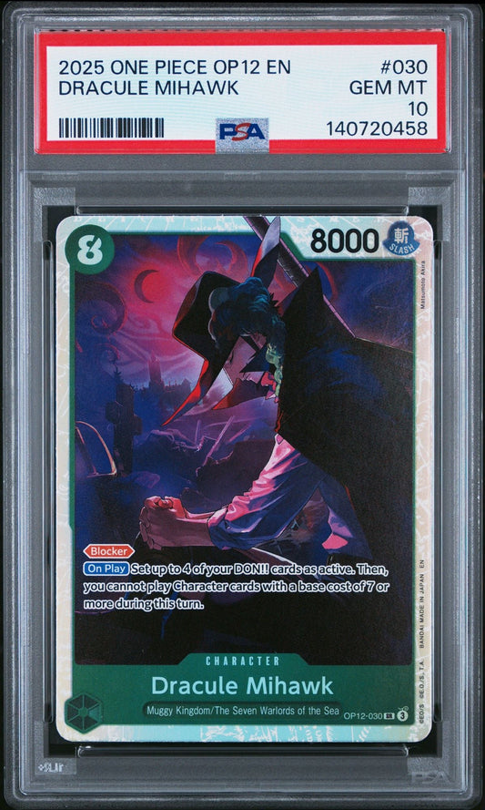 PSA-graded trading card in clear plastic case displaying Dracule Mihawk character artwork with dark purple and blue tones, green border, and red grading label.