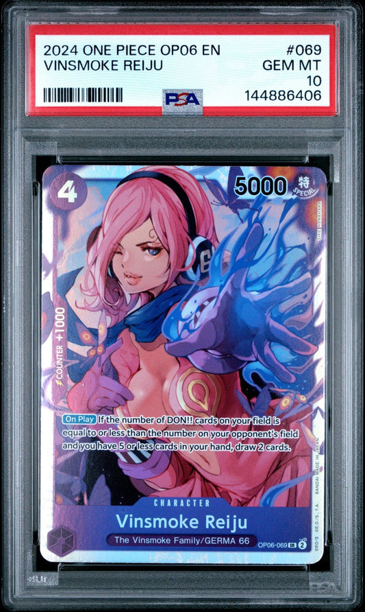 PSA 10 graded trading card in clear case displaying Vinsmoke Reiju character illustration with pink hair against purple and blue background.