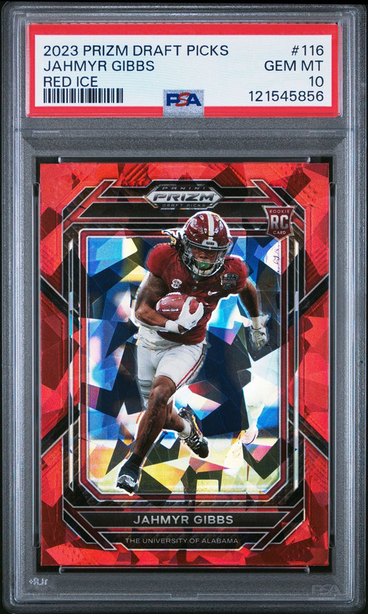 PSA-graded trading card in protective case showing Jahmyr Gibbs in Alabama uniform on red Prizm design with black frame.