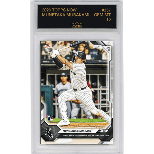 Graded baseball card in clear plastic case showing Munetaka Murakami mid-swing in White Sox pinstriped uniform with black helmet.