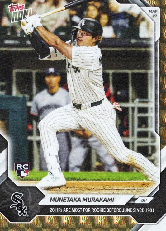 Munetaka Murakami baseball card showing player mid-swing in white pinstriped uniform against blurred stadium background, with Topps Now branding and rookie RC designation visible.