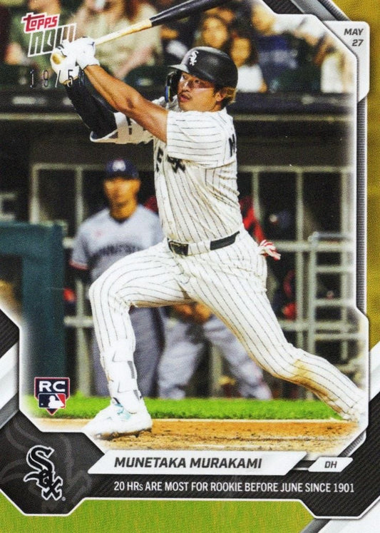 Baseball card featuring Munetaka Murakami in white pinstriped Chicago White Sox uniform mid-swing, gold foil border, May 27 date visible.