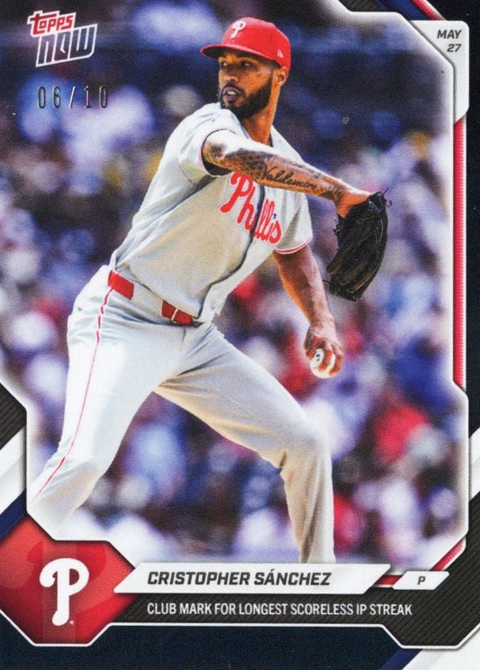 Philadelphia Phillies pitcher Christopher Sánchez in mid-delivery wearing red cap and gray uniform on black foil baseball card numbered 06/10.