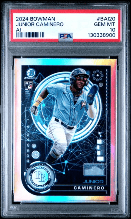 PSA-graded 2024 Bowman Junior Caminero rookie card in protective case showing holographic design with player in light blue uniform.