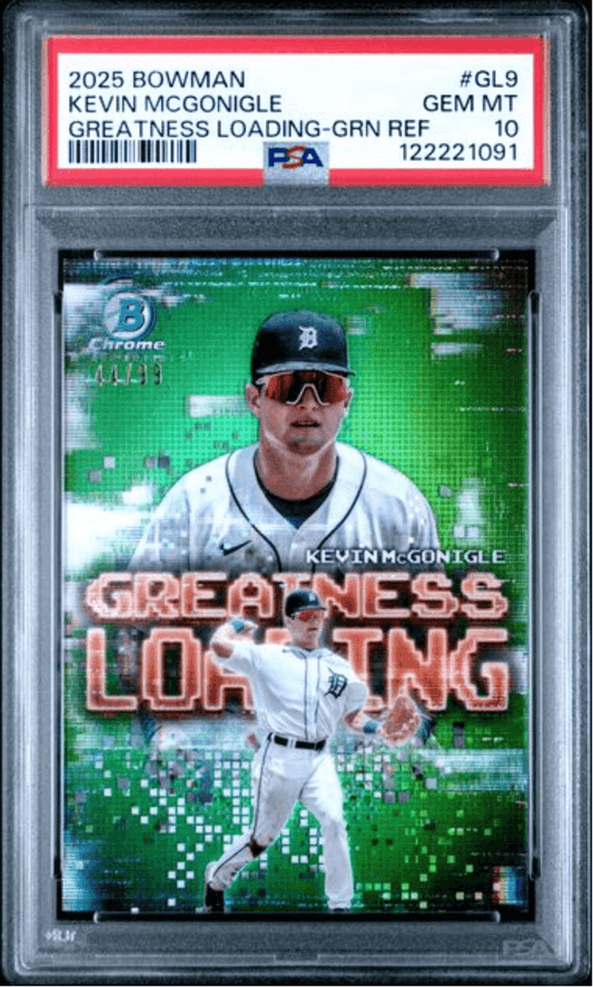 PSA-graded baseball card in clear case showing Kevin McGonigle in Detroit Tigers uniform on green pixelated background with red "Greatness Loading" text.