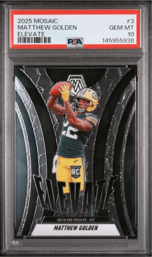 PSA-graded trading card in clear protective case showing Matthew Golden in Green Bay Packers uniform catching football against black mosaic background.