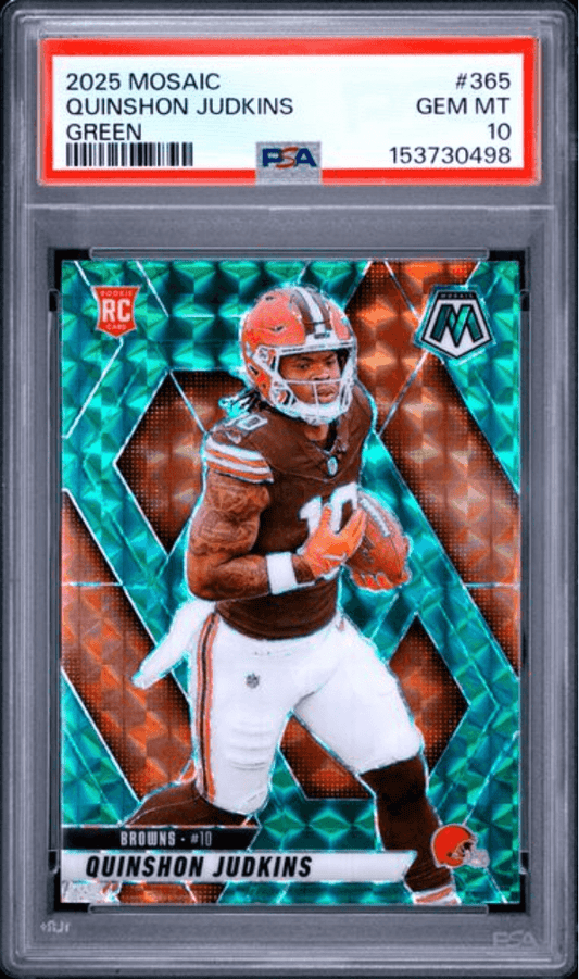 Graded PSA 10 trading card in clear plastic case showing Quinshon Judkins in orange and brown Cleveland Browns uniform against turquoise geometric background.