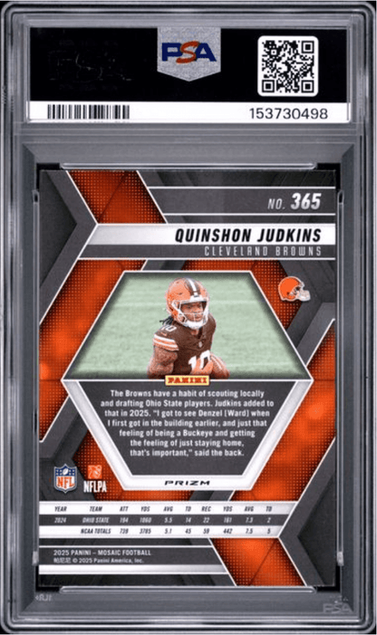 Graded 2025 Panini Mosaic Quinshon Judkins #365 Green Rookie RC Football Card PSA 10 Gem Mint