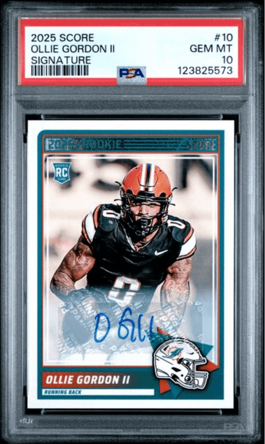 PSA-graded rookie card showing Ollie Gordon II in orange and black uniform with blue autograph signature, housed in protective case with red label.