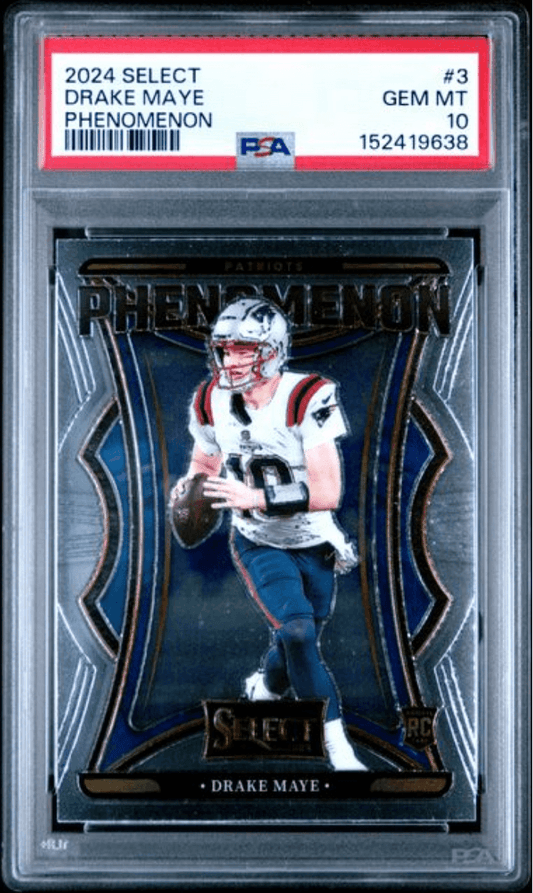 PSA-graded rookie card in clear plastic case showing Drake Maye in Patriots uniform within blue-bordered Phenomenon design frame.