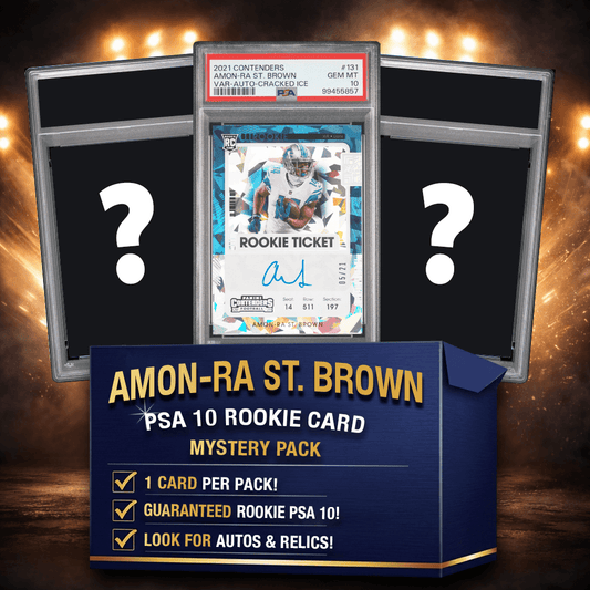 Mystery pack display featuring PSA 10 graded Amon-Ra St. Brown rookie card centered between two blank cards with dramatic golden lighting background.