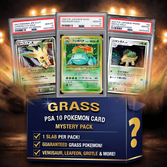 Three PSA 10 graded Grass-type Pokemon cards displayed in slabs above blue mystery pack promotional text on dramatic golden-lit background.