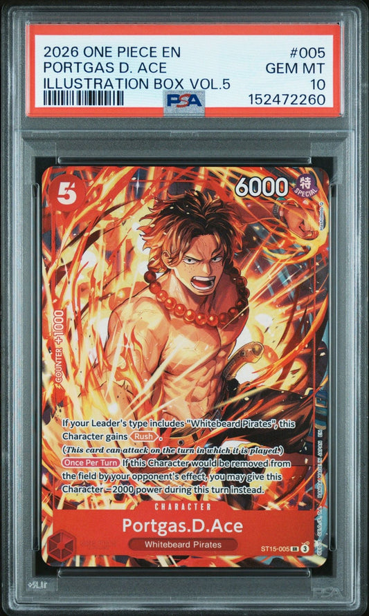 PSA-graded One Piece trading card featuring Portgas D. Ace in red flames, displayed front-facing in clear protective case with red label.