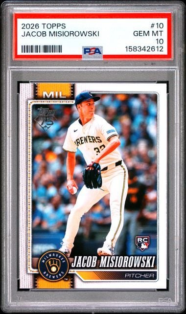 PSA-graded baseball card in clear holder displaying Jacob Misiorowski pitcher in white Brewers uniform with black glove, card number and grading details visible on label.