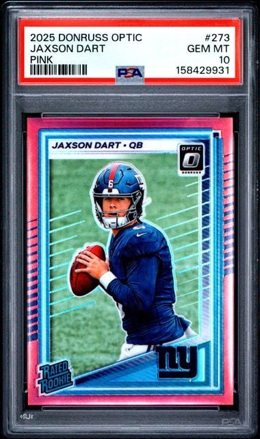 PSA-graded rookie football card in black slab showing Jaxson Dart in blue Giants uniform holding football, pink borders visible.