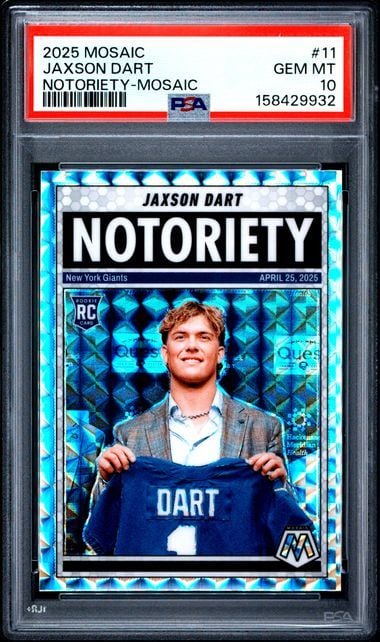 PSA-graded trading card in clear case showing Jaxson Dart holding blue Dart jersey against blue geometric patterned background.