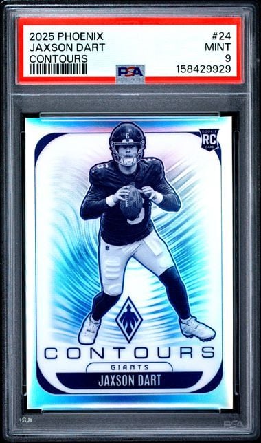PSA graded rookie football card in clear case showing Jaxson Dart in dark uniform holding football against blue gradient background.