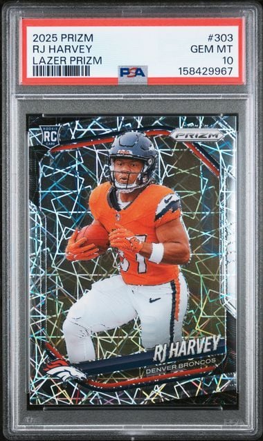 Graded trading card in PSA holder showing RJ Harvey in orange Denver Broncos uniform against holographic black and gold background.