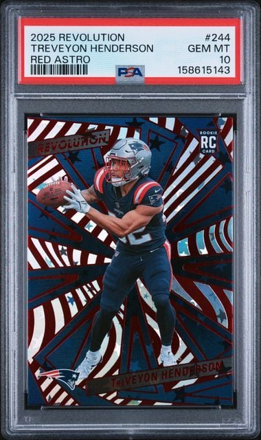 PSA-graded rookie card in clear plastic case showing TreVeyon Henderson in red Astros uniform against red and white striped background design.