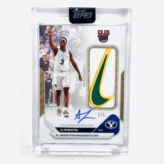 Front view of BYU basketball card in clear plastic case showing player in white jersey with autograph and green-gold Nike swoosh patch, numbered 1/1.