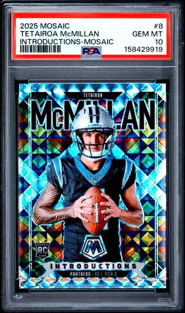Graded PSA 10 rookie card displaying McMillan in Panthers uniform holding football against blue mosaic pattern background with red case border.