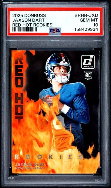PSA-graded rookie football card front showing Jaxson Dart in blue uniform against orange flame design with red "RED HOT ROOKIES" text.
