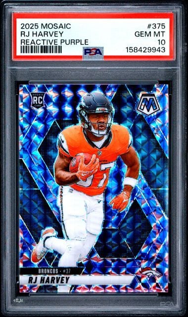 Graded PSA 10 football card featuring RJ Harvey in orange Broncos uniform on reactive purple mosaic background with PSA grading label visible.