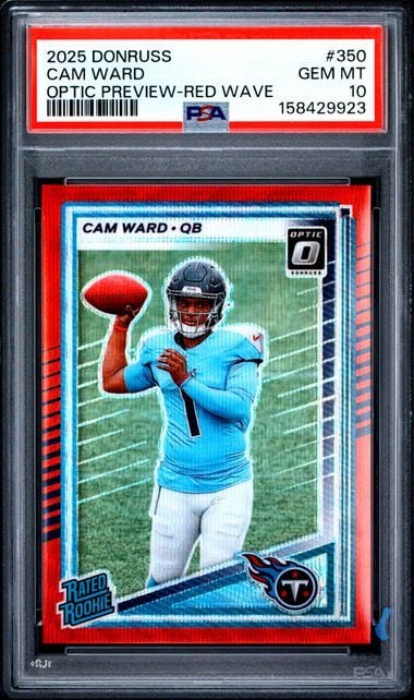 PSA-graded trading card in red-bordered case displaying Cam Ward quarterback rookie card with blue uniform and red football against green field background.