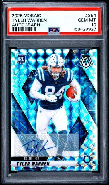 PSA-graded rookie card in black holder displaying Tyler Warren autograph on blue holographic Mosaic design with football player photo.