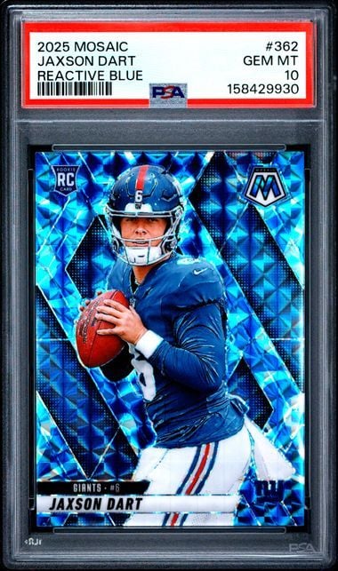 PSA-graded trading card in clear case displaying Jaxson Dart in blue Giants uniform holding football on reactive blue geometric background.