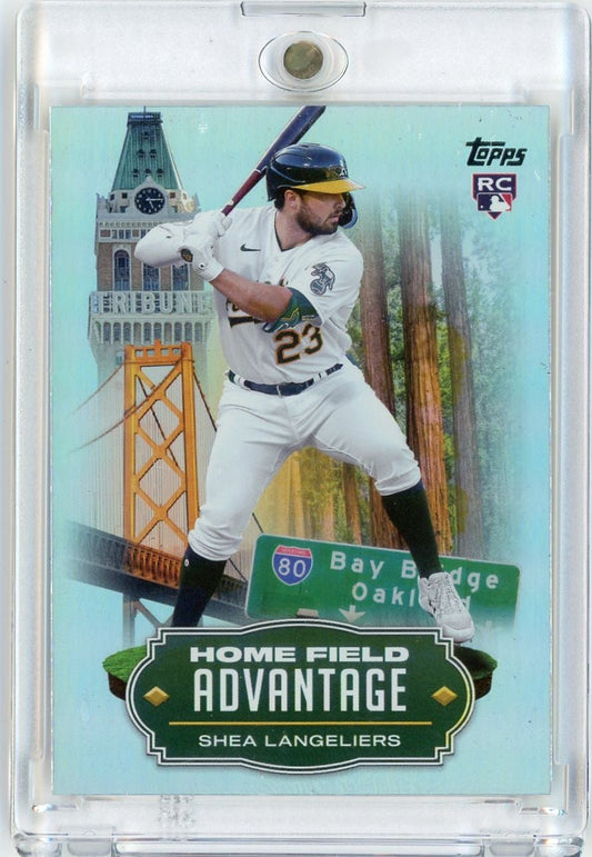 Baseball card featuring Shea Langeliers in Oakland Athletics white uniform, batting stance with San Francisco Bay Bridge and redwoods background.