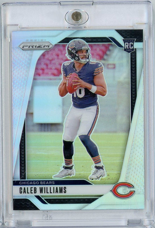 2024 Panini Prizm Caleb Williams rookie card in clear plastic case showing player in Chicago Bears uniform holding football.