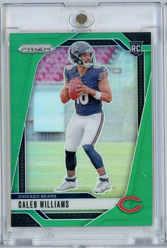 Front of 2024 Panini Prizm Caleb Williams #301 Green Prizm Rookie Card showing player in Chicago Bears uniform holding football.