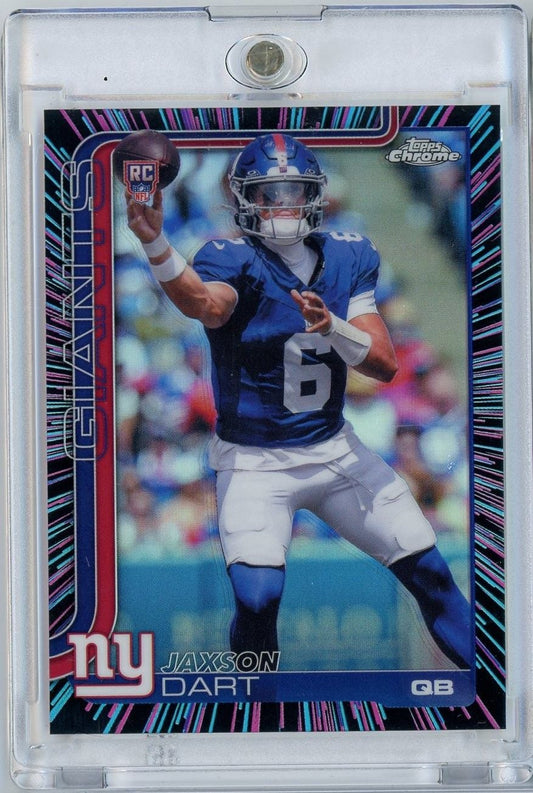 Front of slabbed 2025 Topps Chrome Jaxson Dart rookie card displaying neon pulse refractor design with colorful border and player throwing football in Giants uniform.